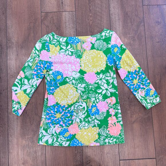 Lilly Pulitzer Juline Top in Hibiscus Stroll Size XS Pink & Green Cotton Blend - Picture 4 of 7